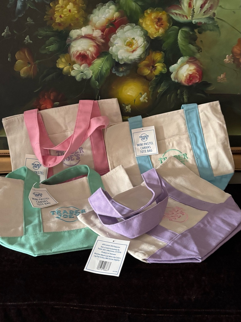 NWT 4 PCS Trader Joe’s  Reusable Canvas Cotton Mini Tote bag blue pink purple gr